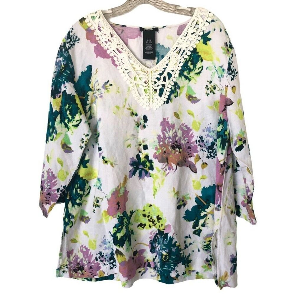 Premise Linen Floral Blouse XL Plus Crochet V-Neck 3/4 Sleeve Belize City